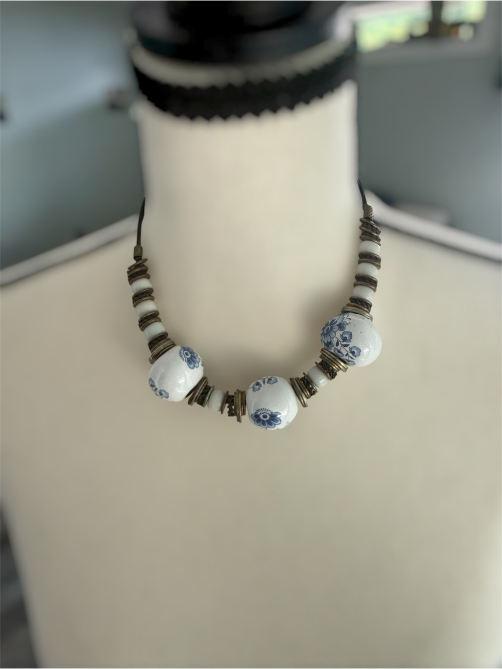 Handcrafted White and Blue Ceramic Bead Necklace